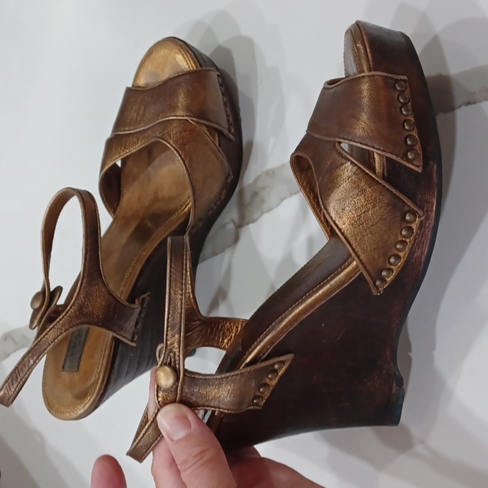 Prada Gold/Bronze Metallic Wooden Wedge Heels EU 37 - Picture 2 of 13